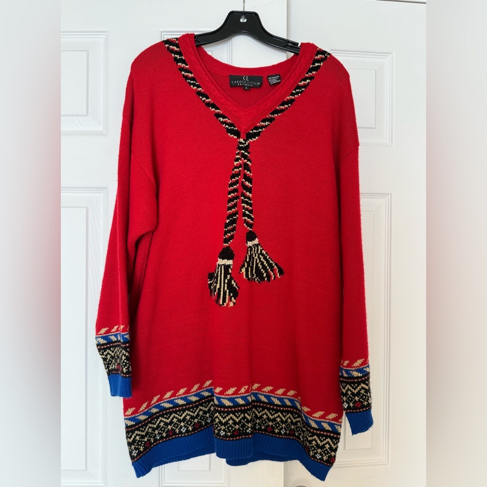 Vintage Carole Little Size L Sweater Tassle Knitwear Festive Holiday Red & Blue